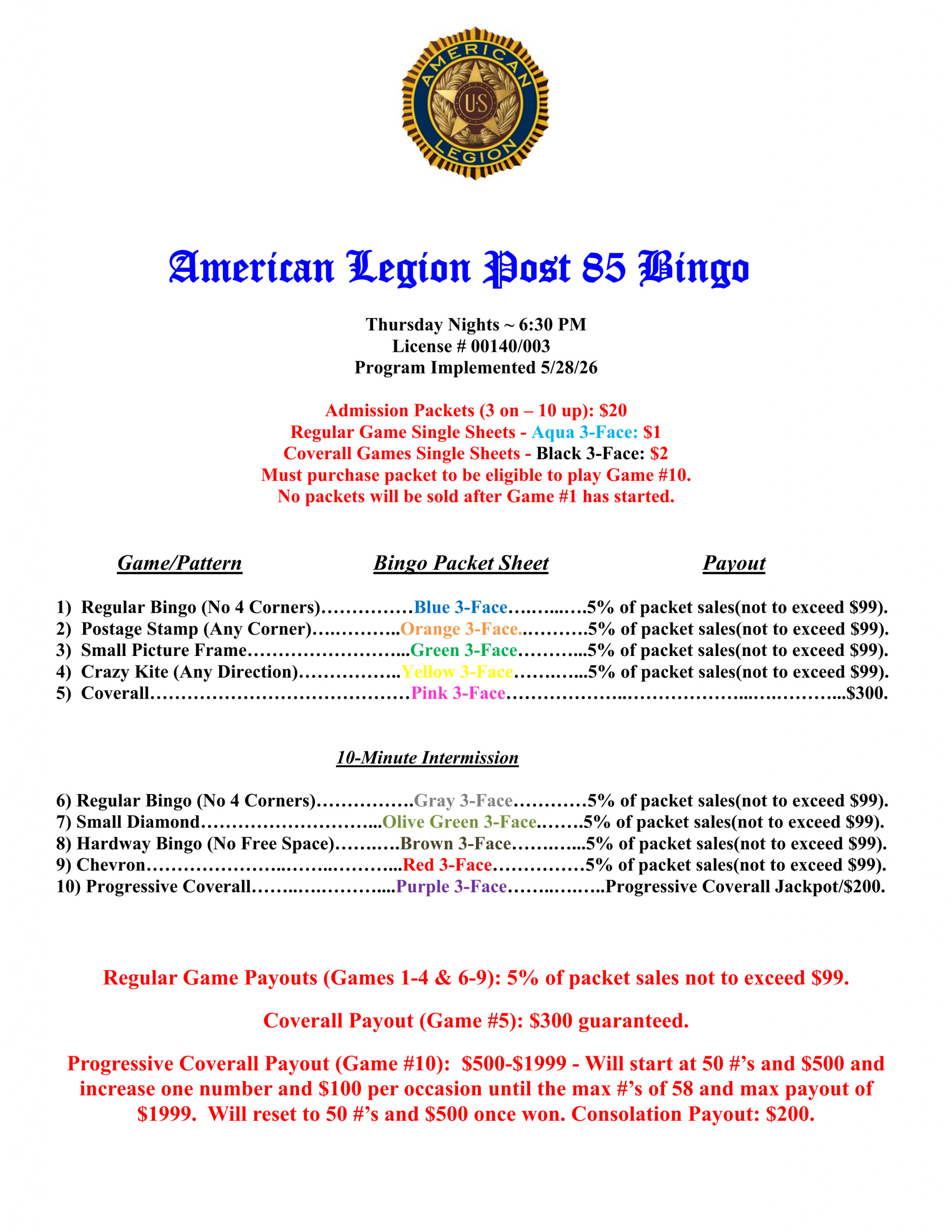5-28-26-1 North Branch American Legion Bingo Information