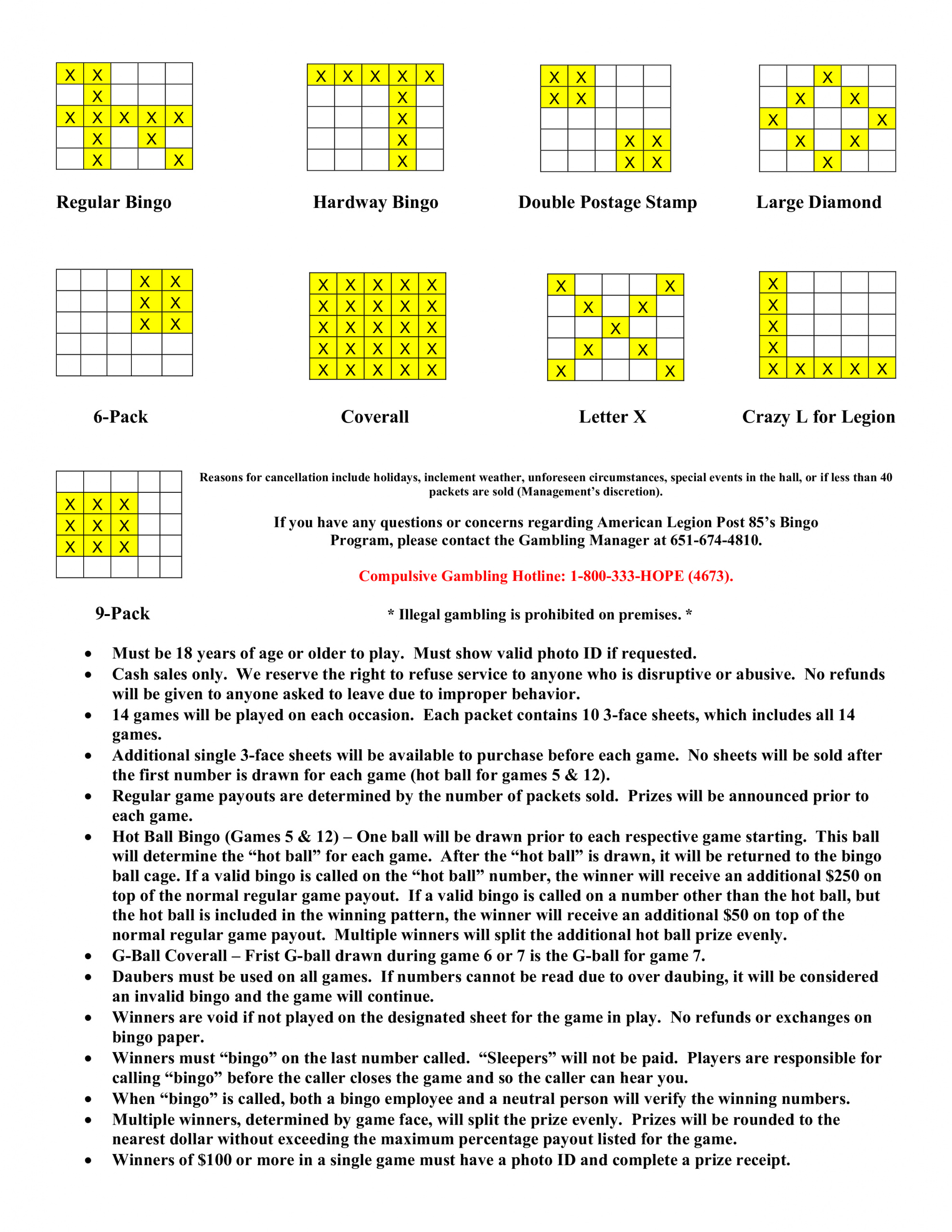 North Branch American Legion Bingo Chart